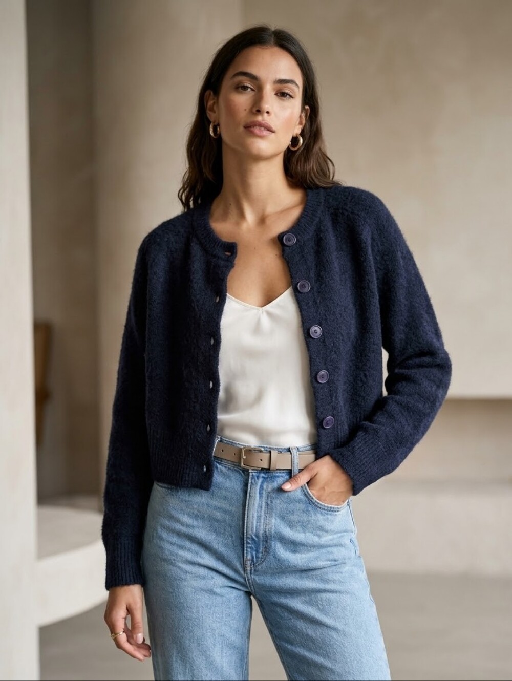Zara Soft Knit Cropped Cardigan Sweater Crewneck Button Front Navy Blue Small